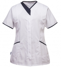 Pracovní blůzka PW Modern Style PES/BA dámská projmutá krátký rukáv šikmé kapsy kontrastní stojáček bílo/tmavě modrá